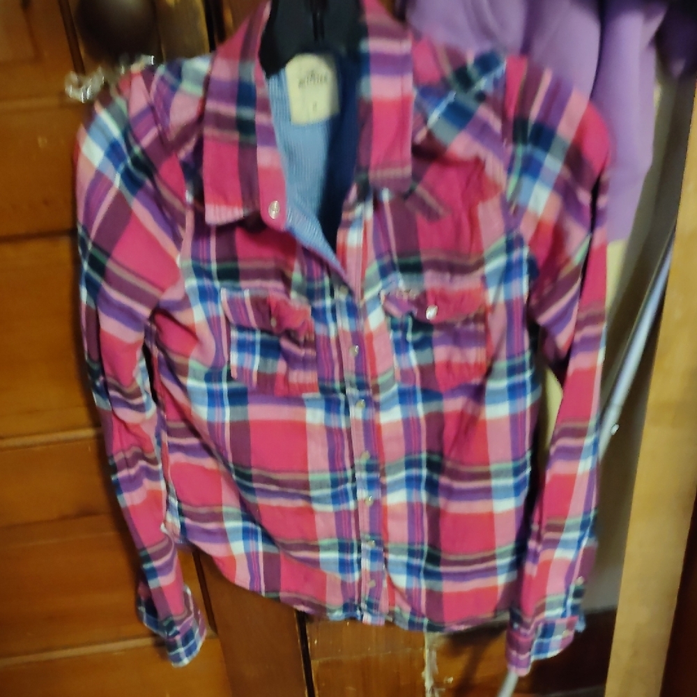 Pink and Blue Plaid Button-Up Shirt